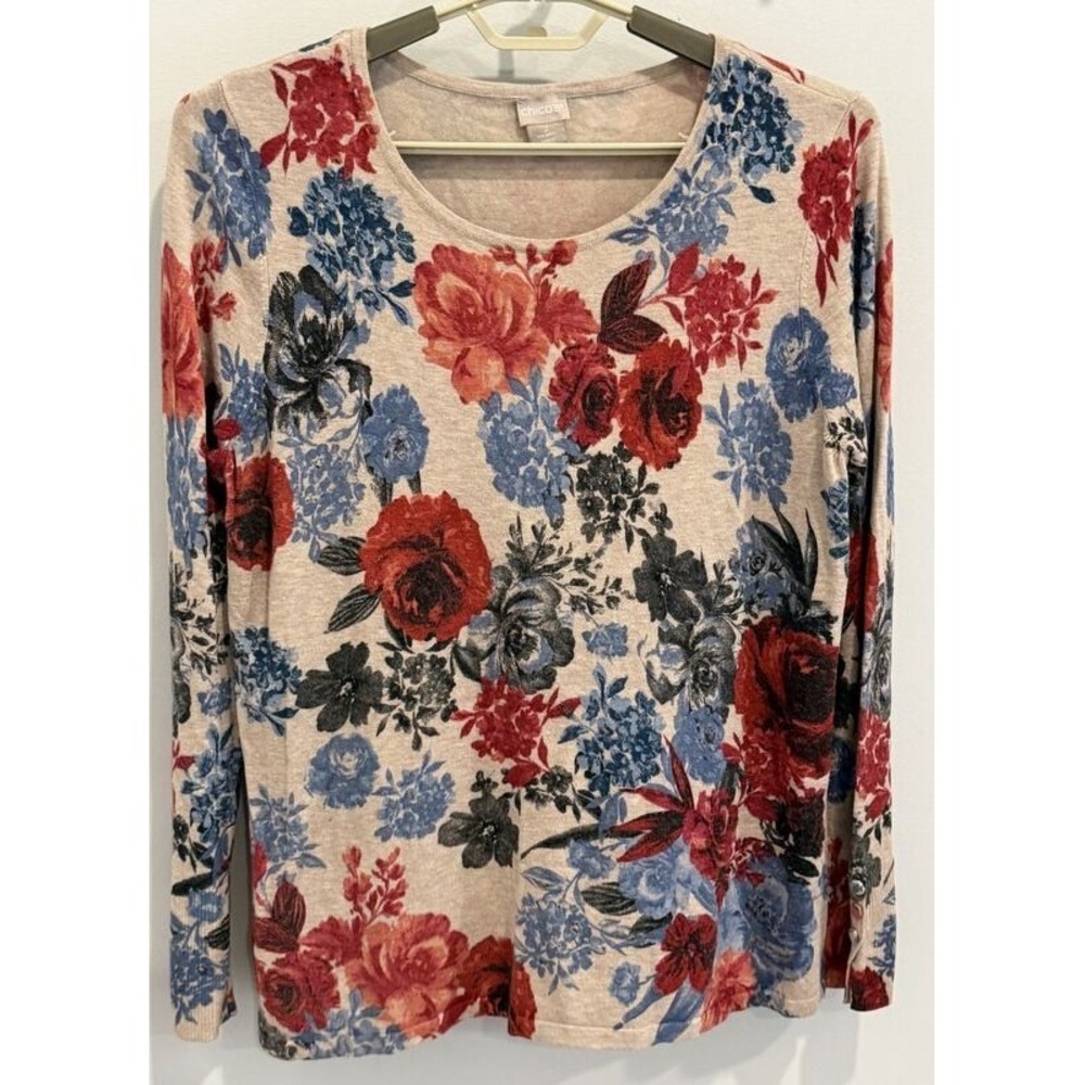 Chicos Tan Long Sleeve Soft Light Sweater Red Blue Black Floral Print Size 2 L